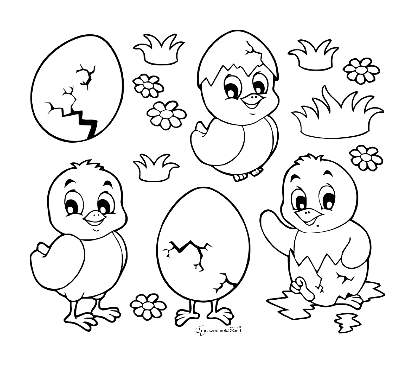  一群小鸡和复活节鸡蛋 