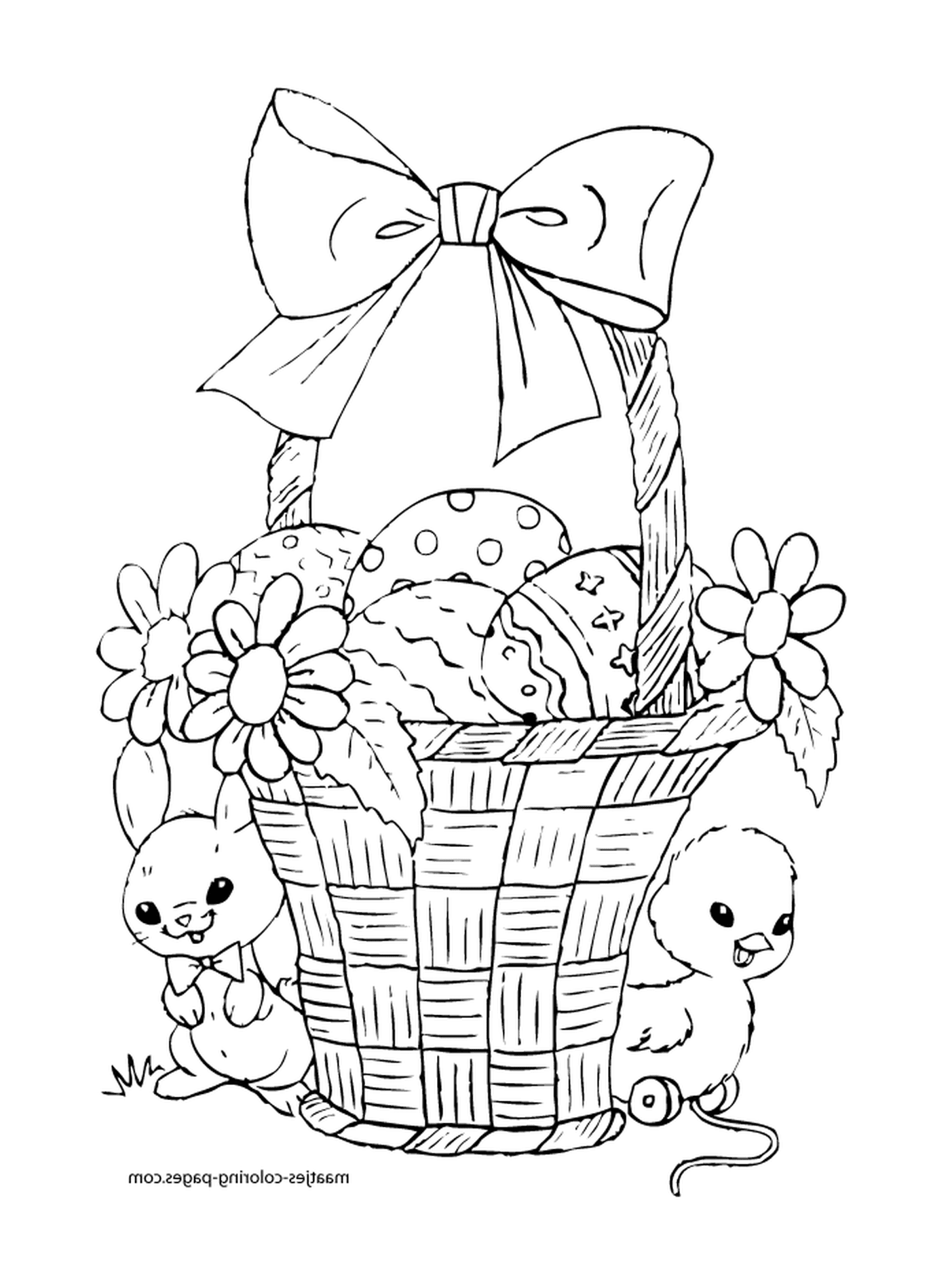  盛满复活节鸡蛋和鲜花的篮子 