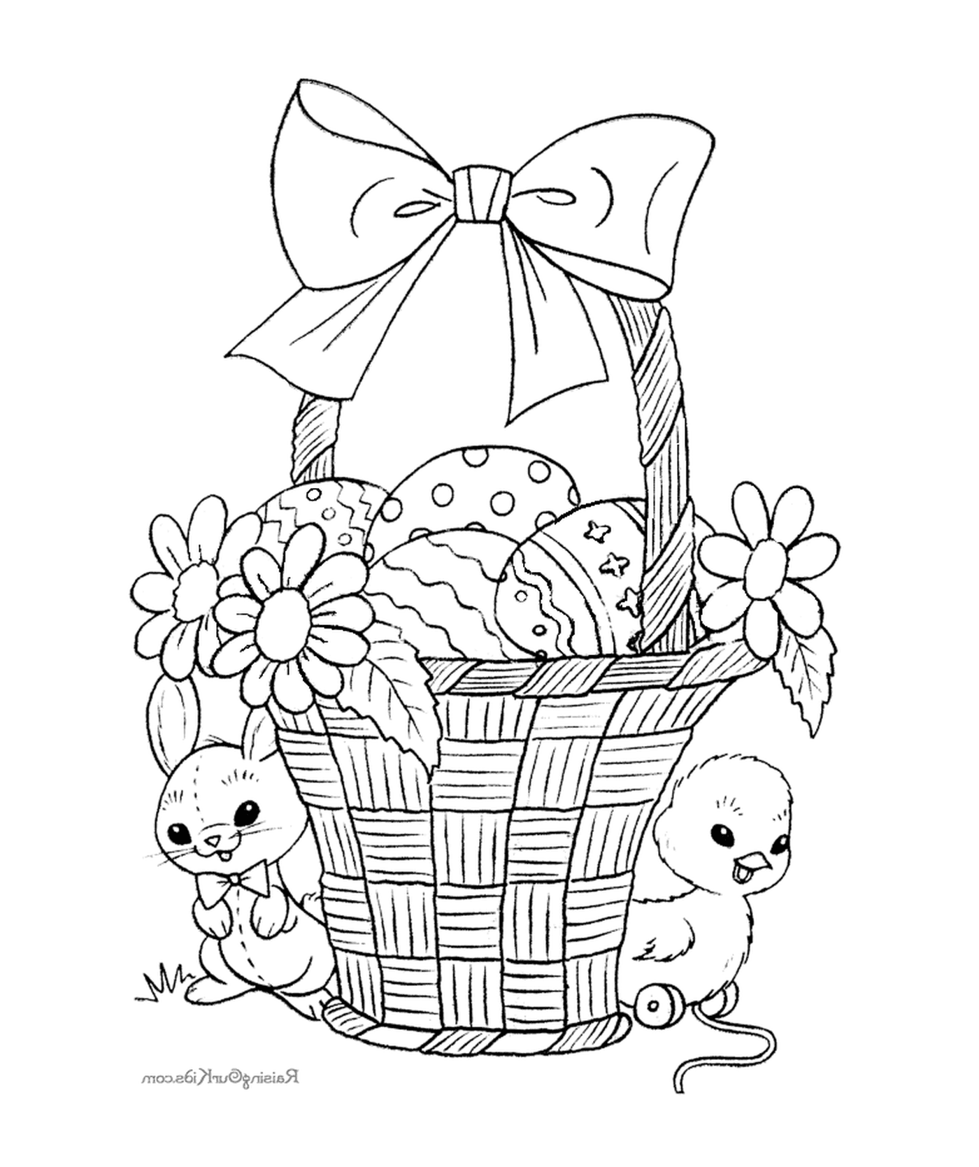  Uma cesta cheia de ovos de Páscoa e coelhos 