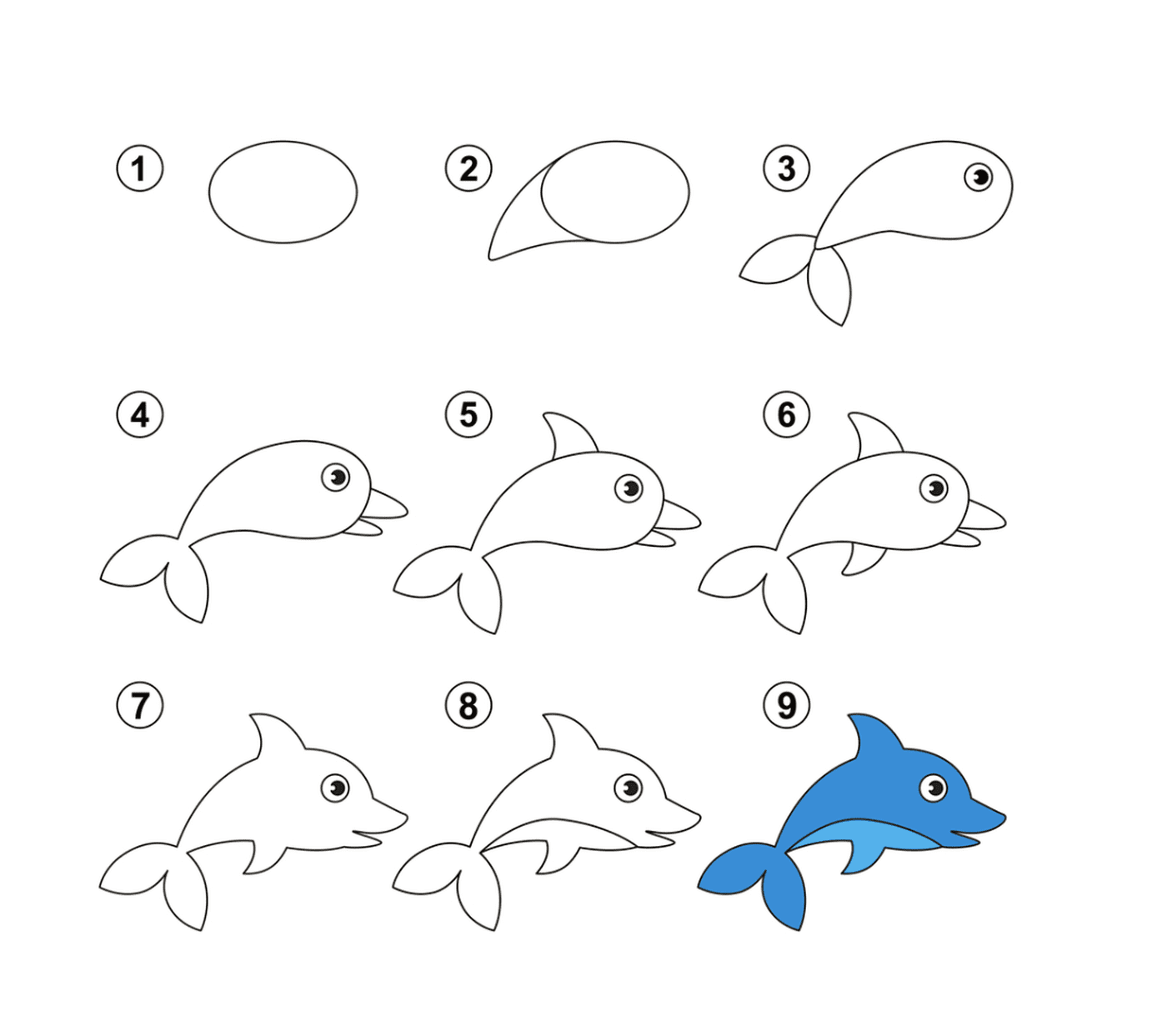  一步一步地指示如何绘制容易的海豚 