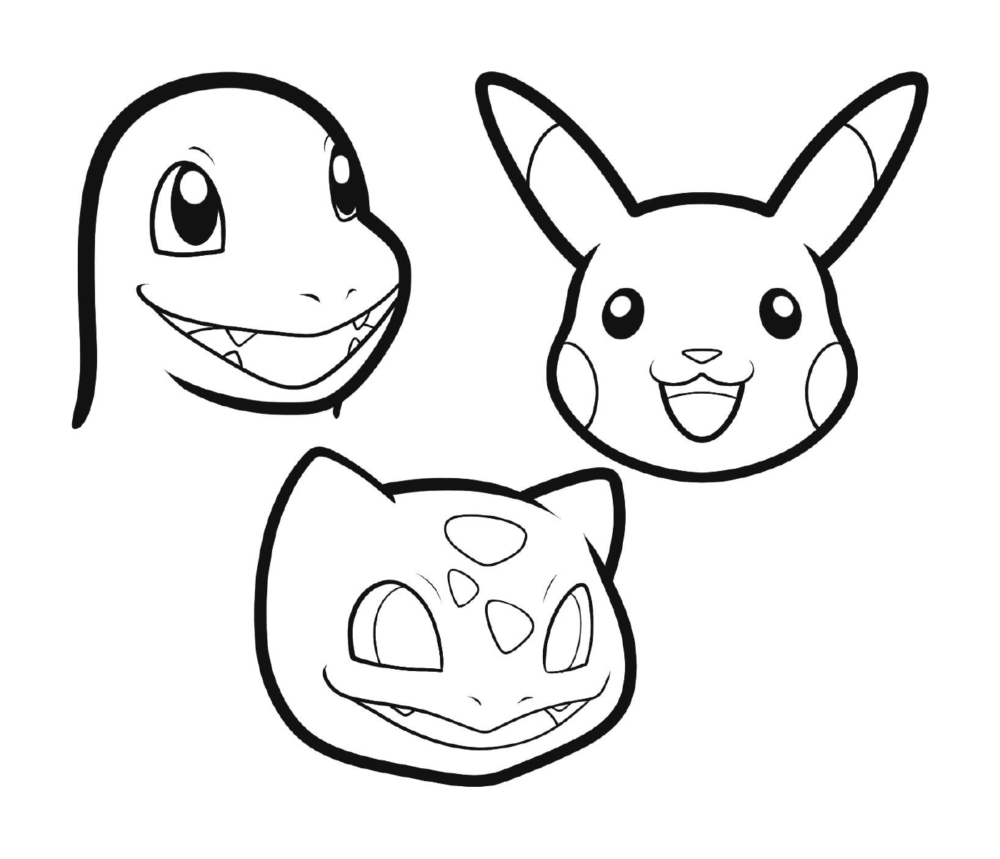  Um conjunto de três desenhos representando um Pikachu, uma Salamche e uma Carapuce 