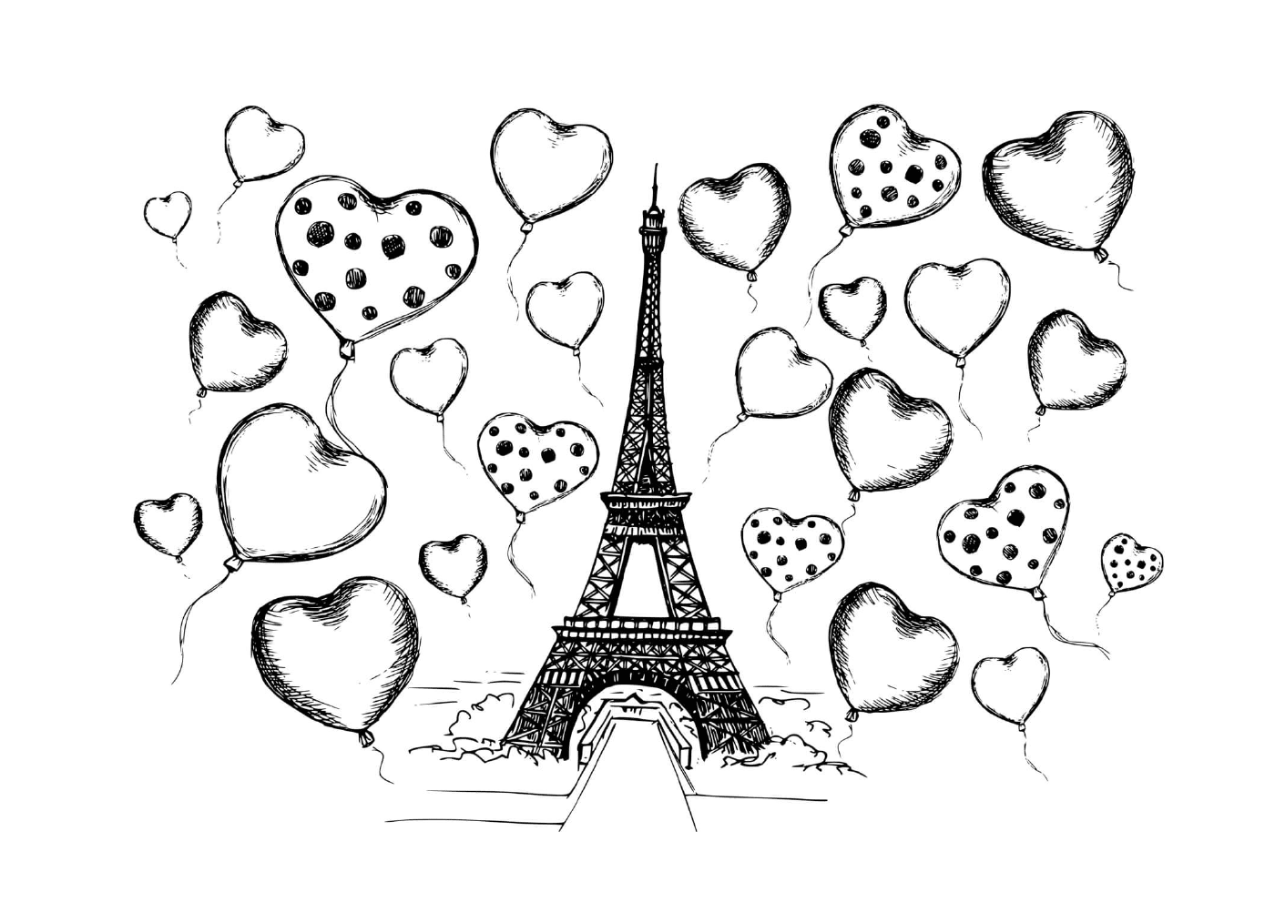  Torre Eiffel rodeada de corações e balões 
