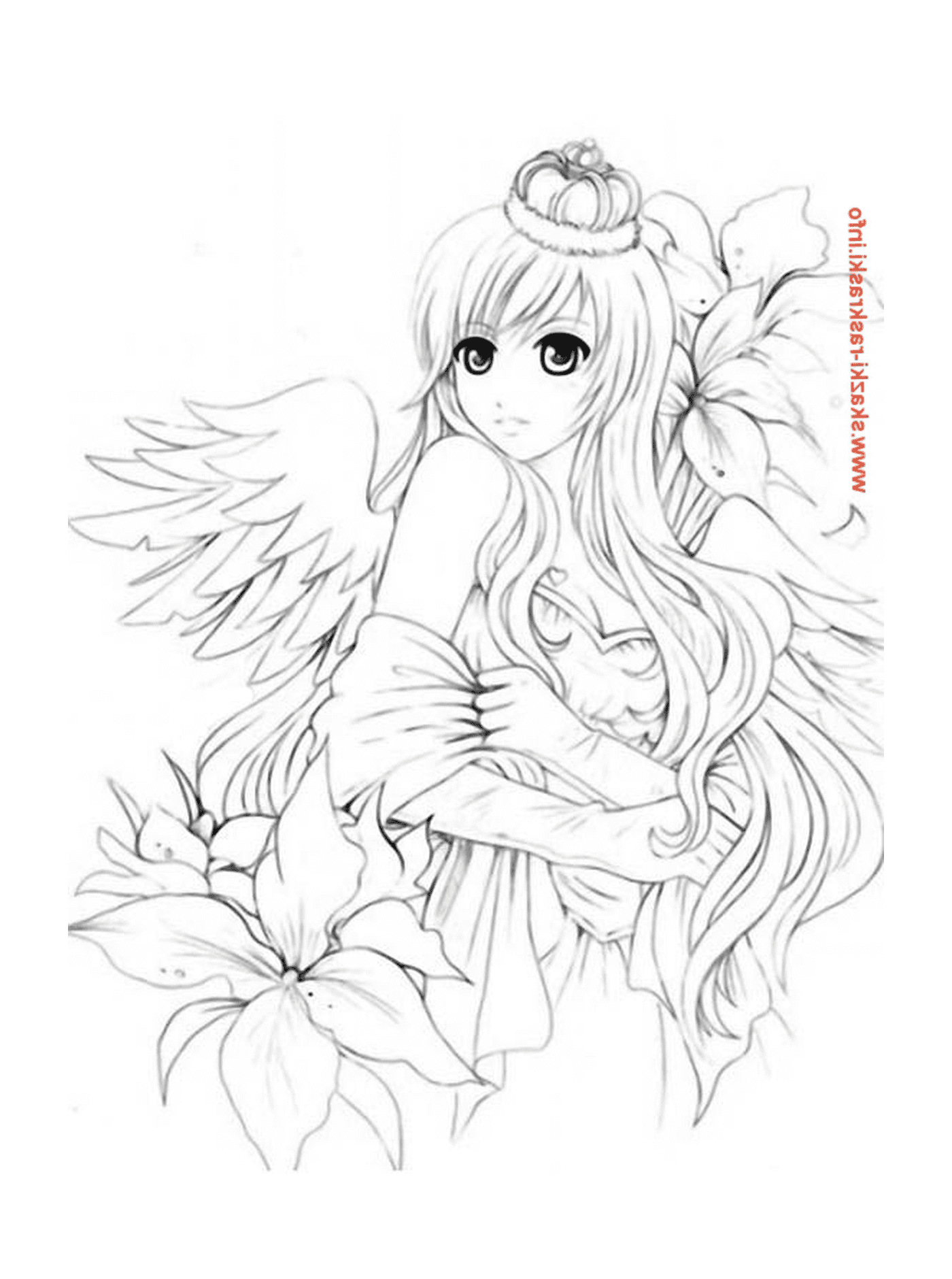  Um anjo com longos cabelos brancos e uma flor 