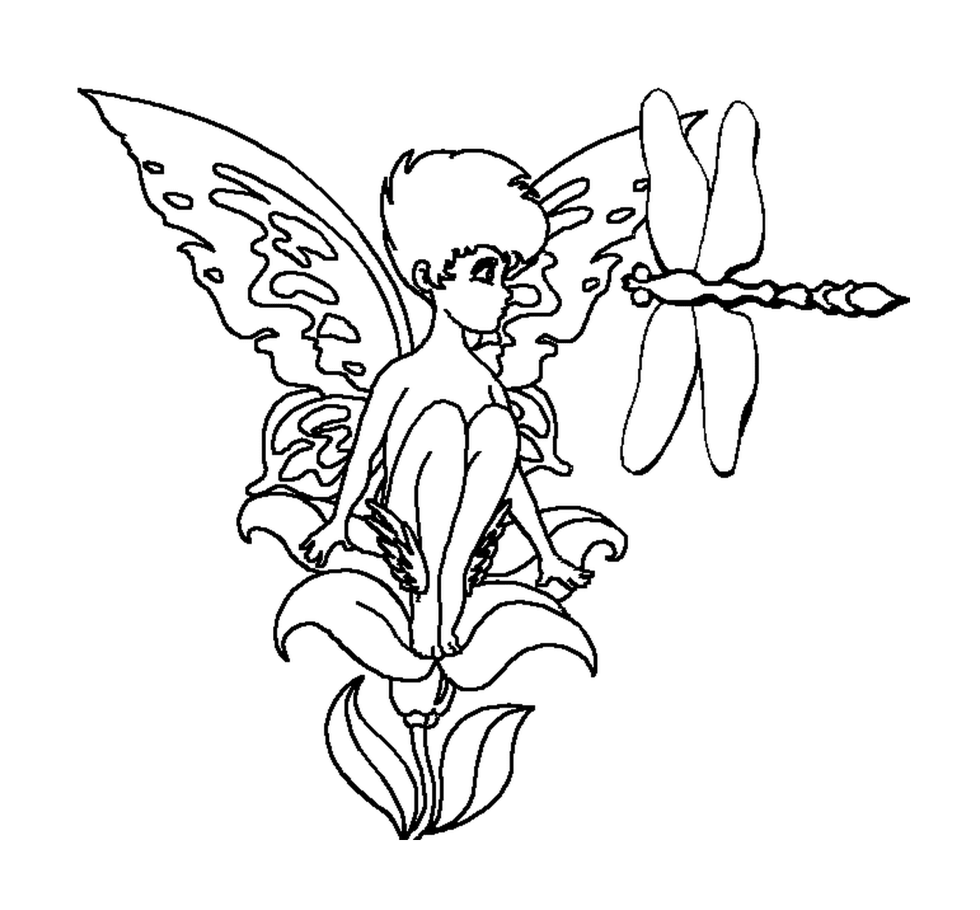 Uma fada sentada em uma flor com uma libélula 