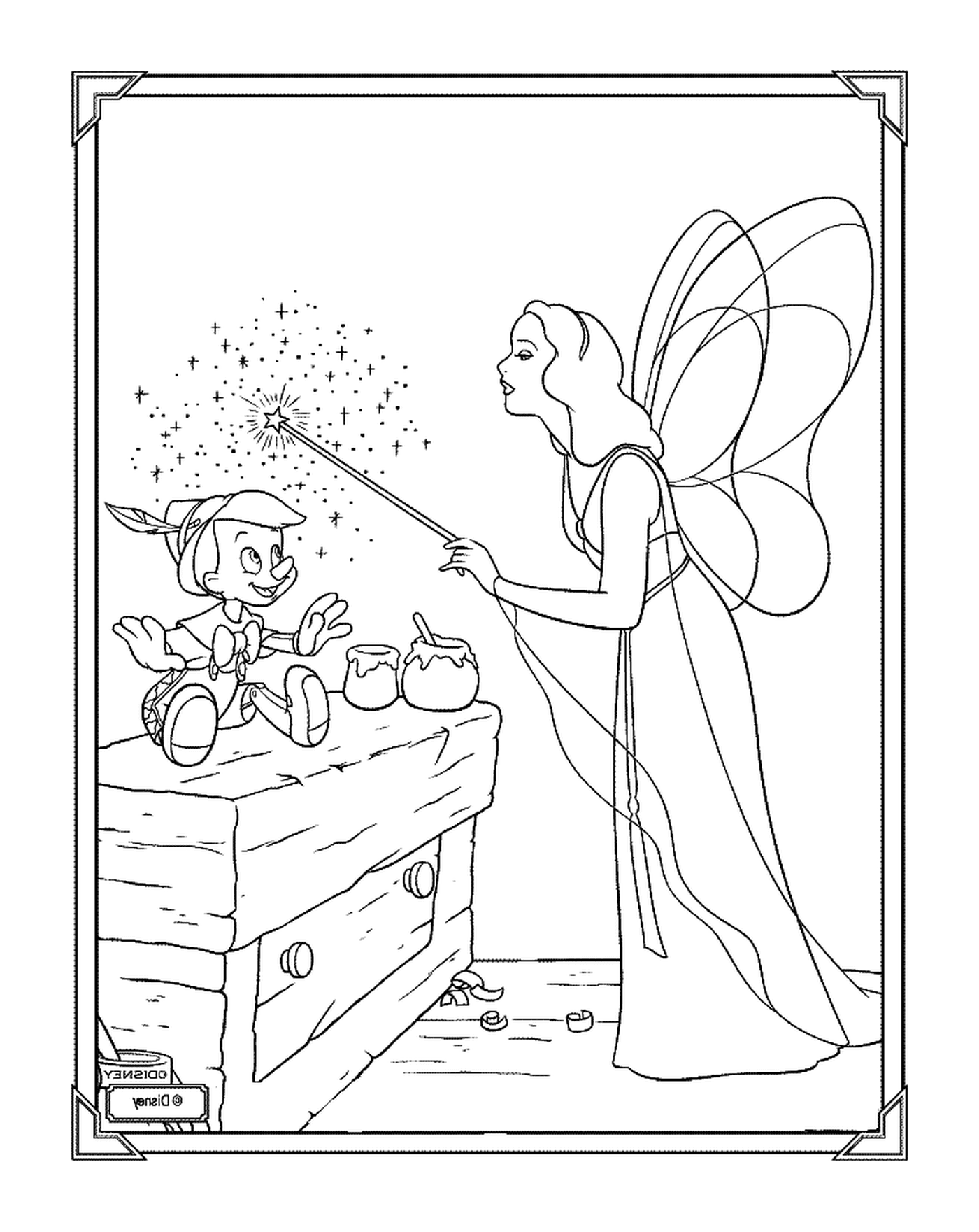  Um adulto e uma fada jogando um feitiço em Pinóquio 