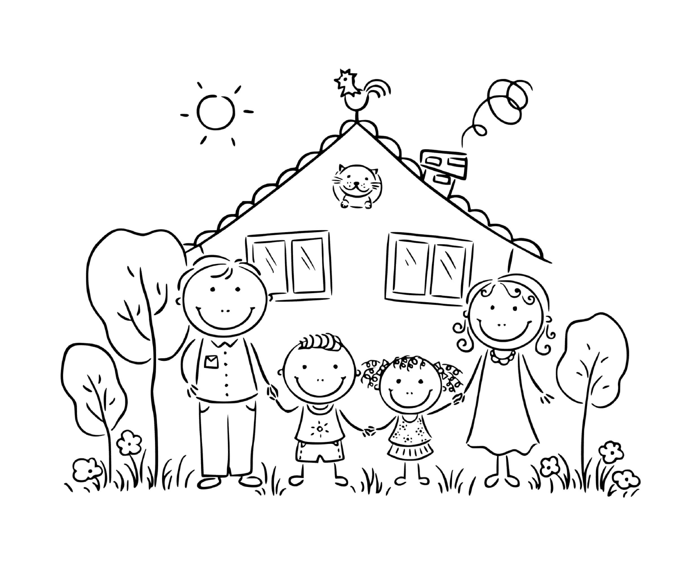  عائلة مع قطة أمام منزلها 