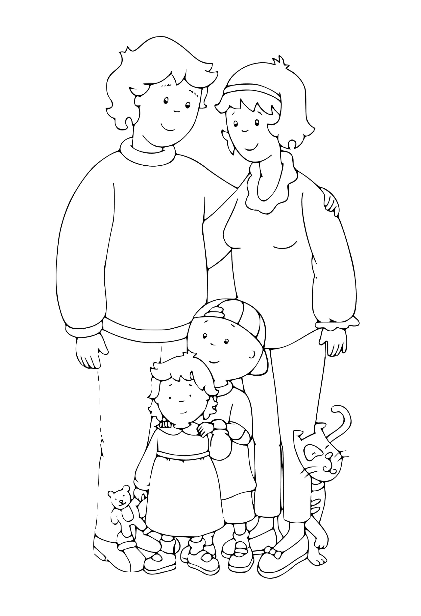  Um adulto e duas crianças de pé lado a lado 
