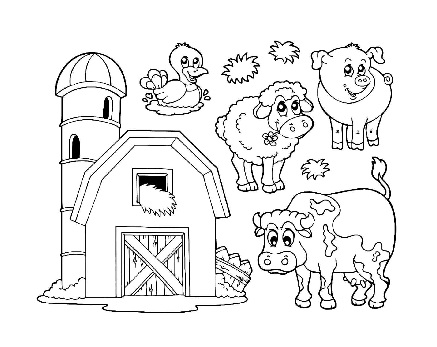  um conjunto de animais de fazenda 