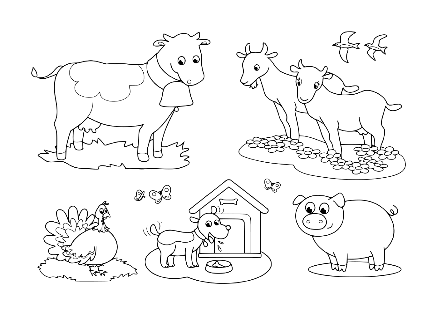  um grupo de animais de fazenda, incluindo uma cabra, uma vaca, um porco, um peru, um cão e uma andorinha 
