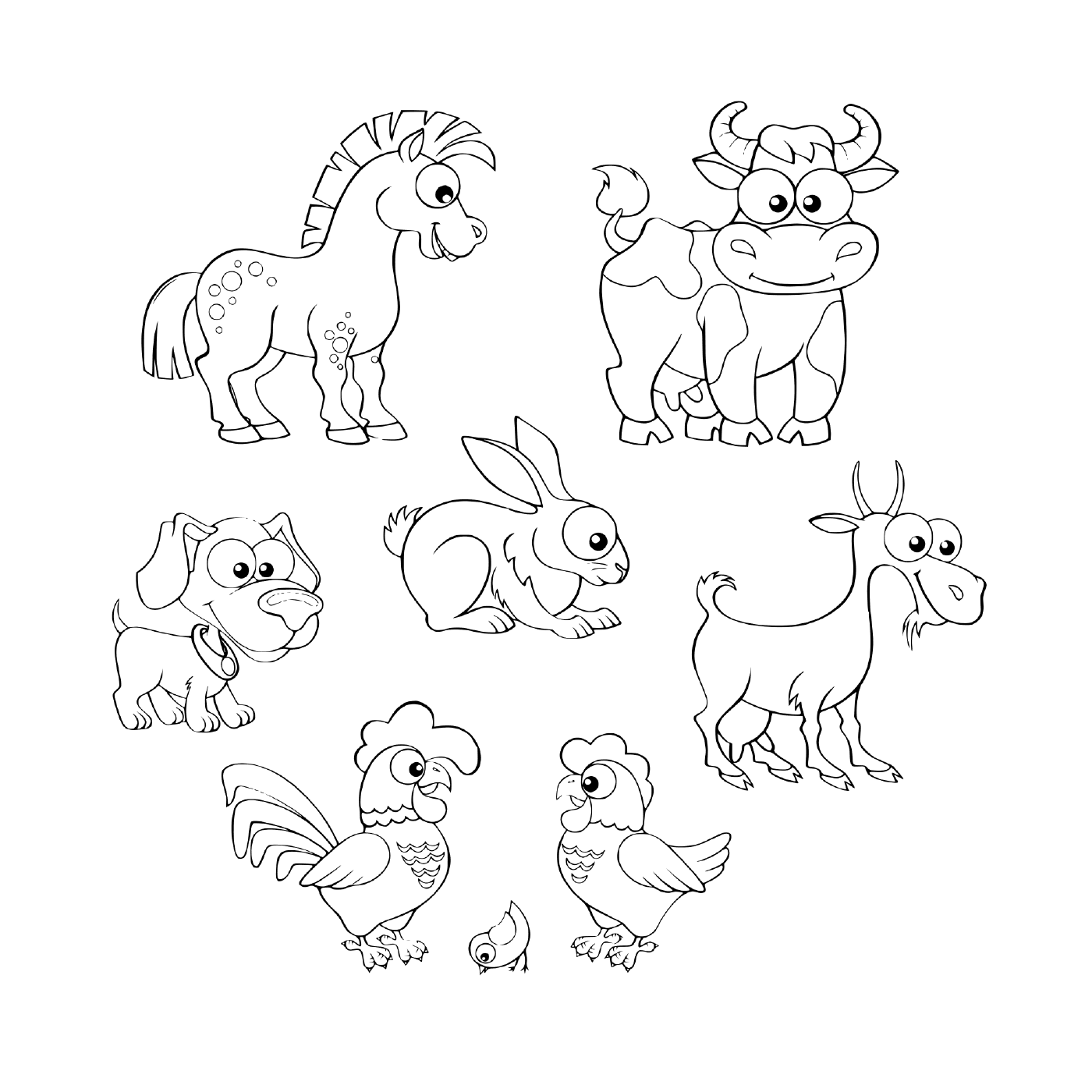  um conjunto de animais de fazenda, incluindo um cavalo, uma vaca, uma cabra, um coelho, um cão, uma galinha, um galo e um pinto 