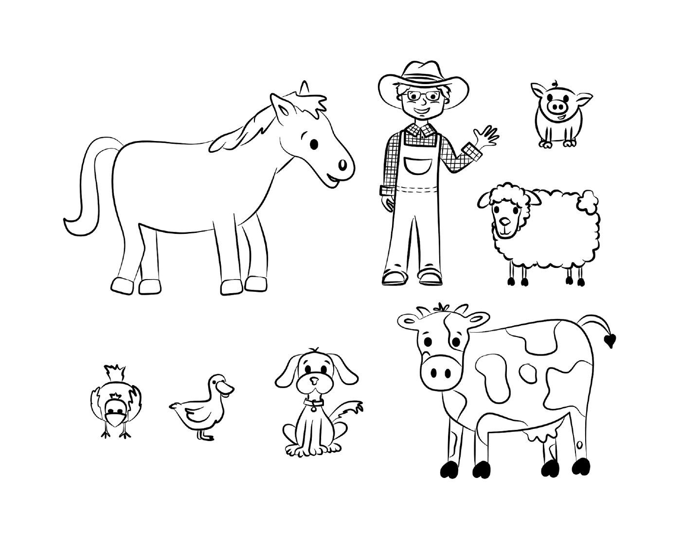  um agricultor, uma vaca, um cavalo, um cão, um pato e uma galinha 