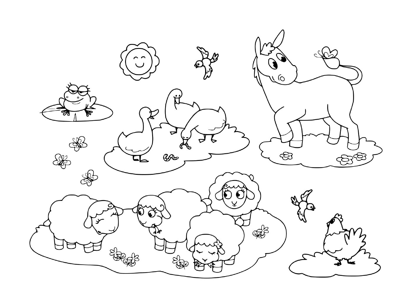  um grupo de animais na grama, incluindo um burro, um ganso, uma galinha, ovelhas e um sapo 