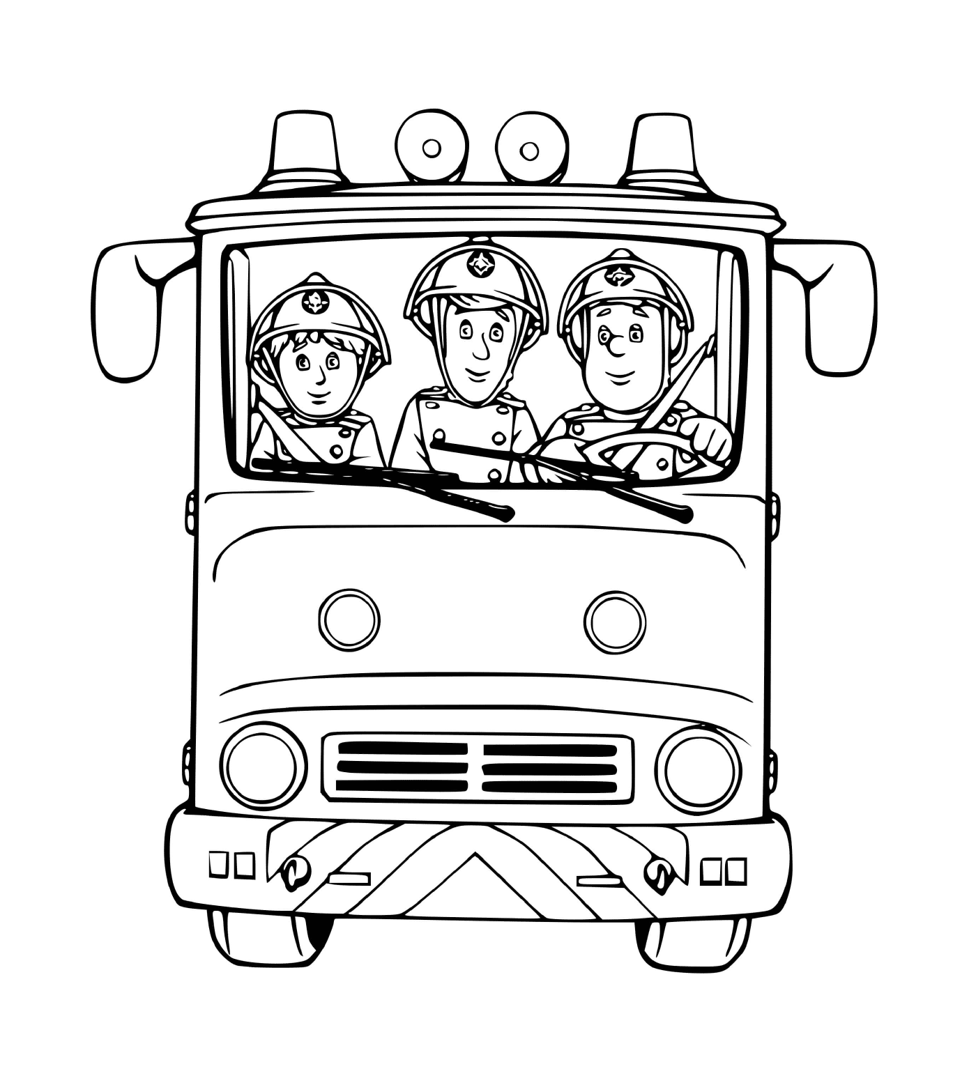  Três bombeiros em um caminhão pronto para agir 