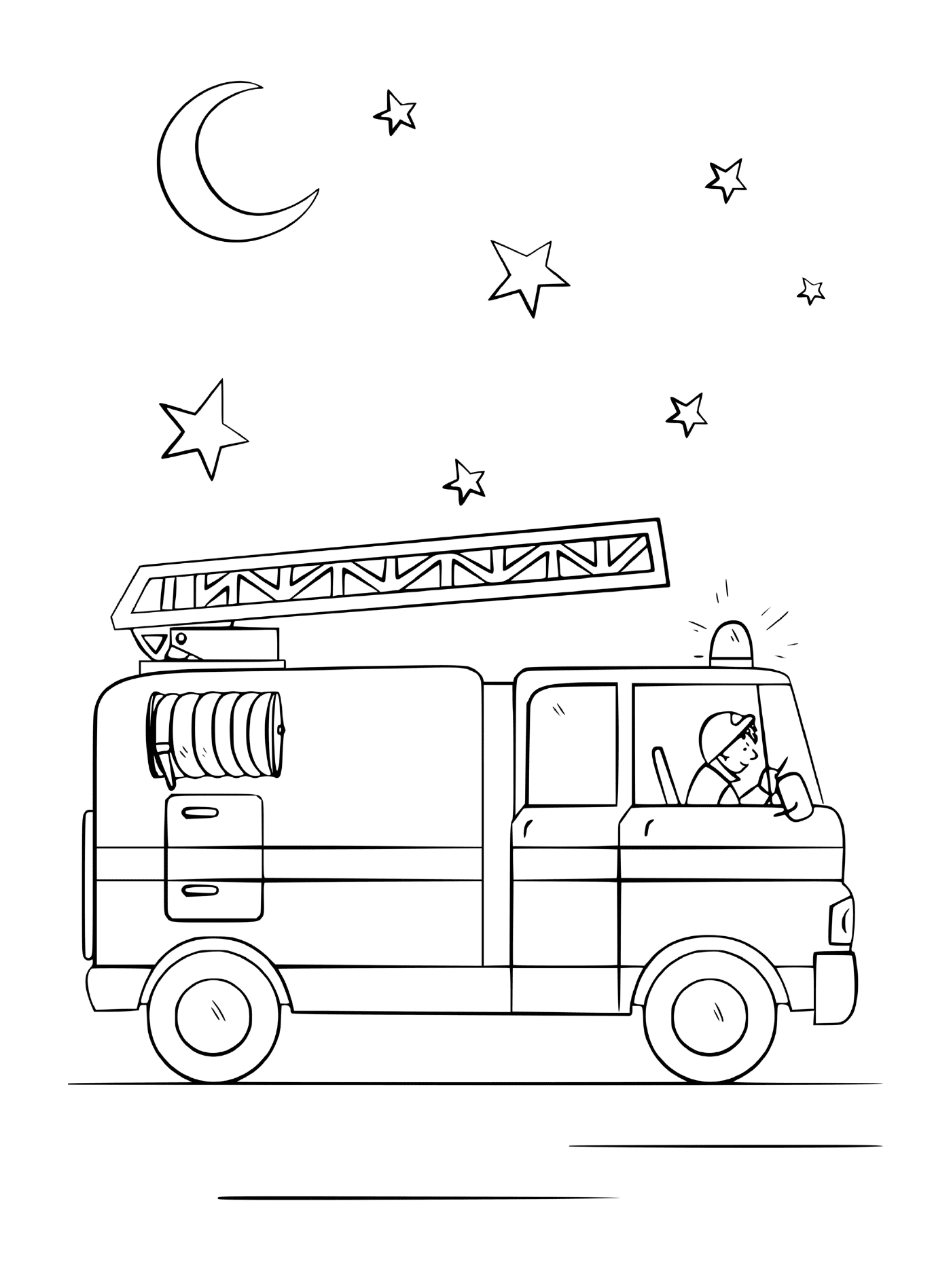  Um caminhão de bombeiros à noite, sob as estrelas e a lua 