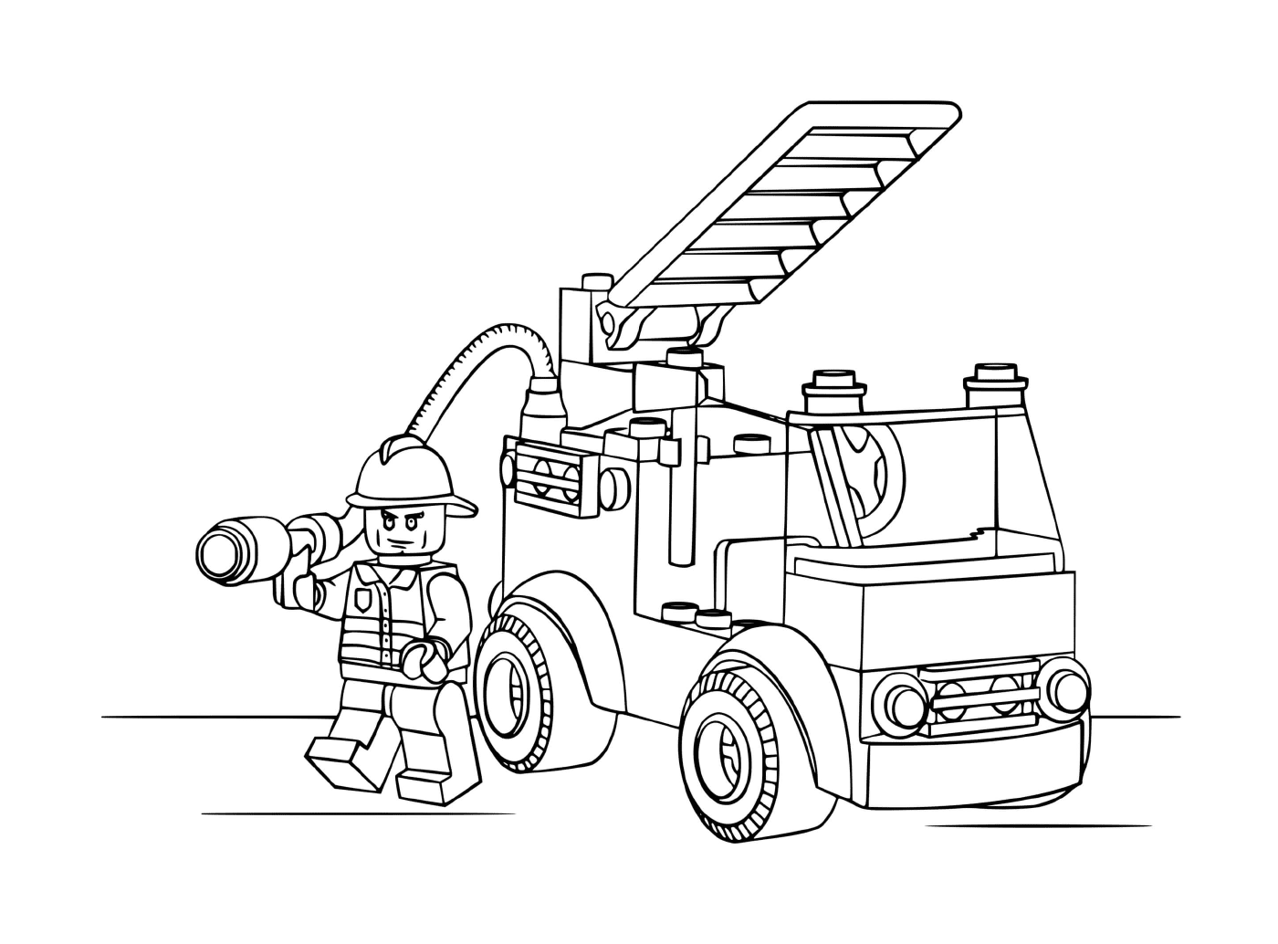  um caminhão de bombeiros Lego e um bombeiro 