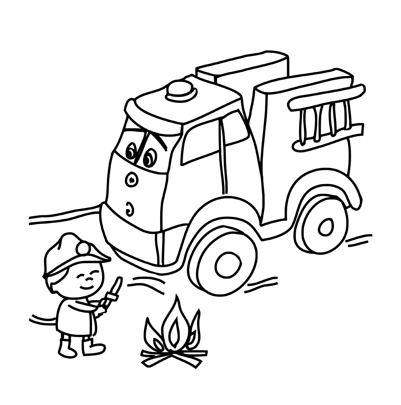  um caminhão de bombeiros com uma criança extinguindo o fogo 