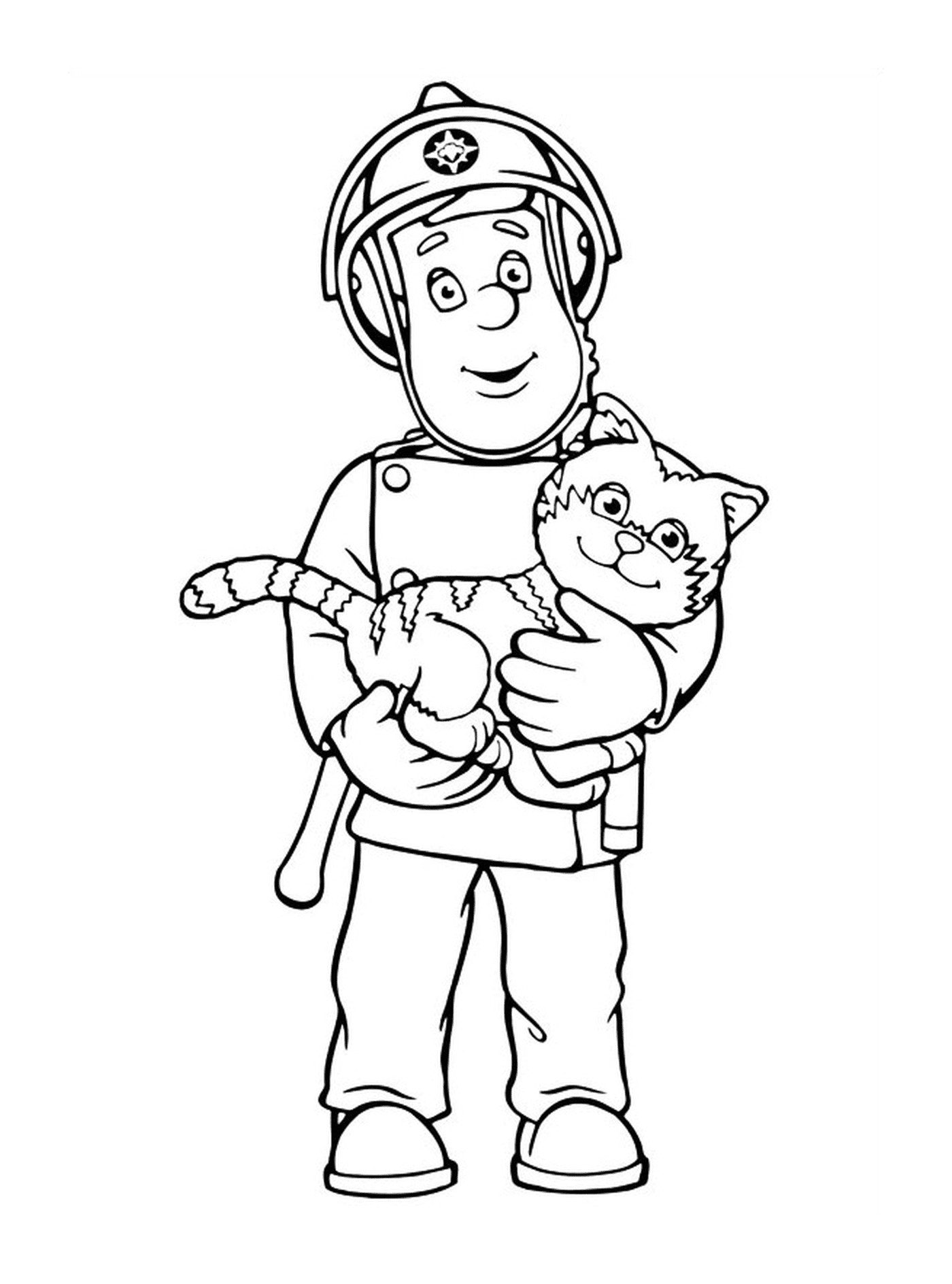  男人抱着一只猫在他的怀里 