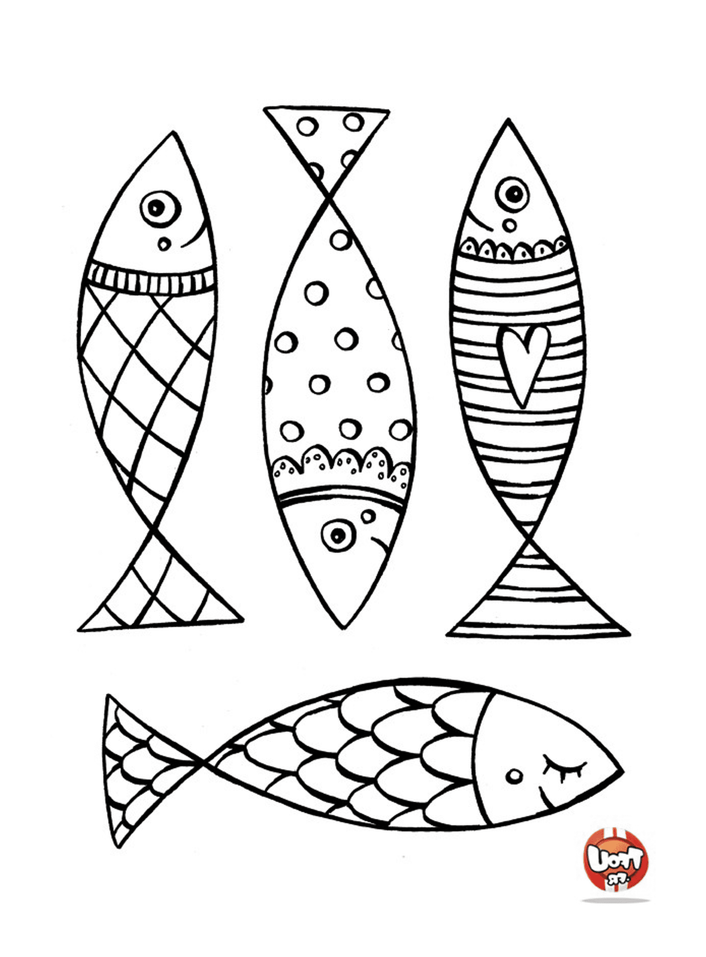  Conjunto de quatro desenhos de peixes diferentes 