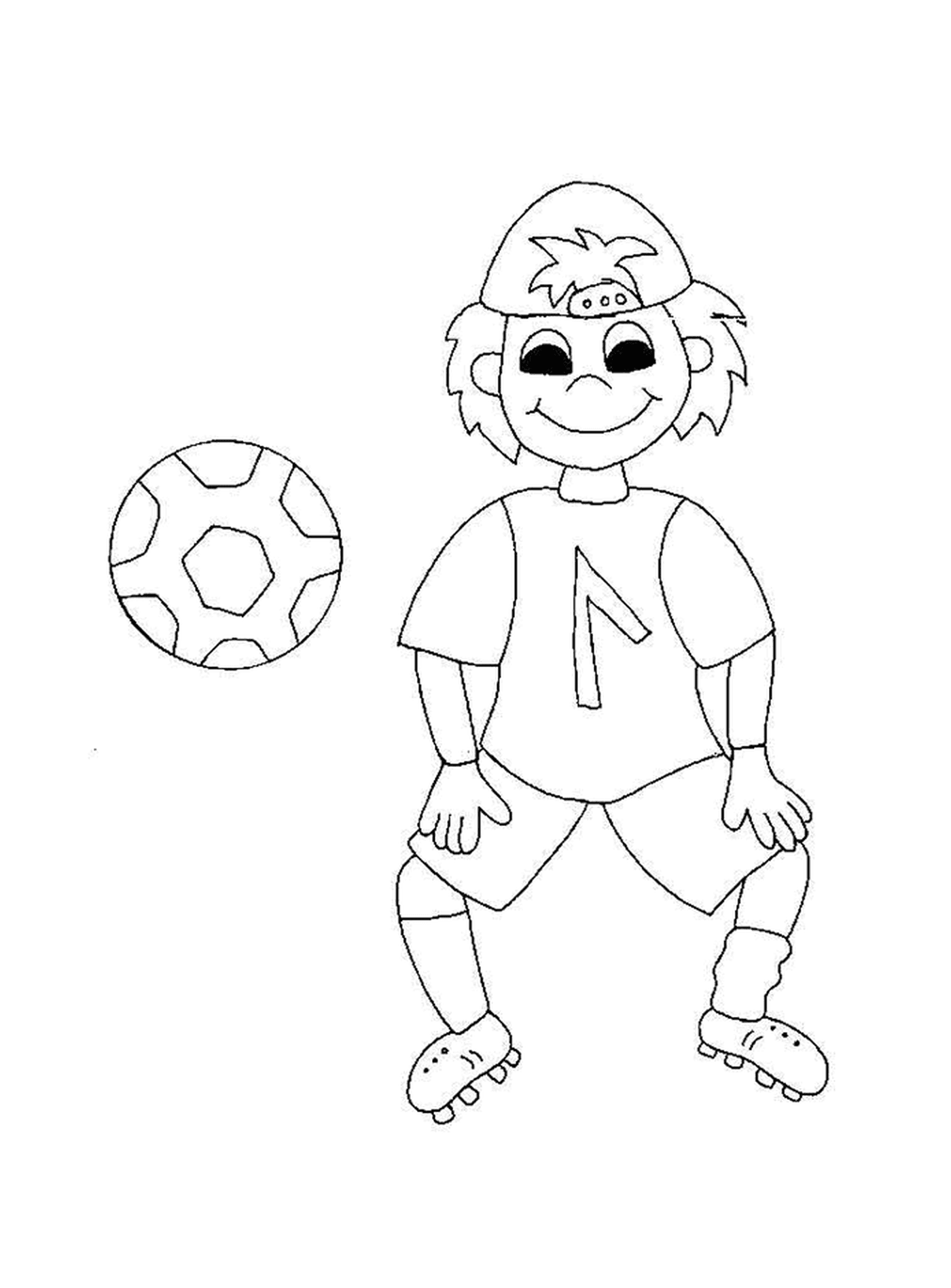  一个微笑的孩子踢足球 