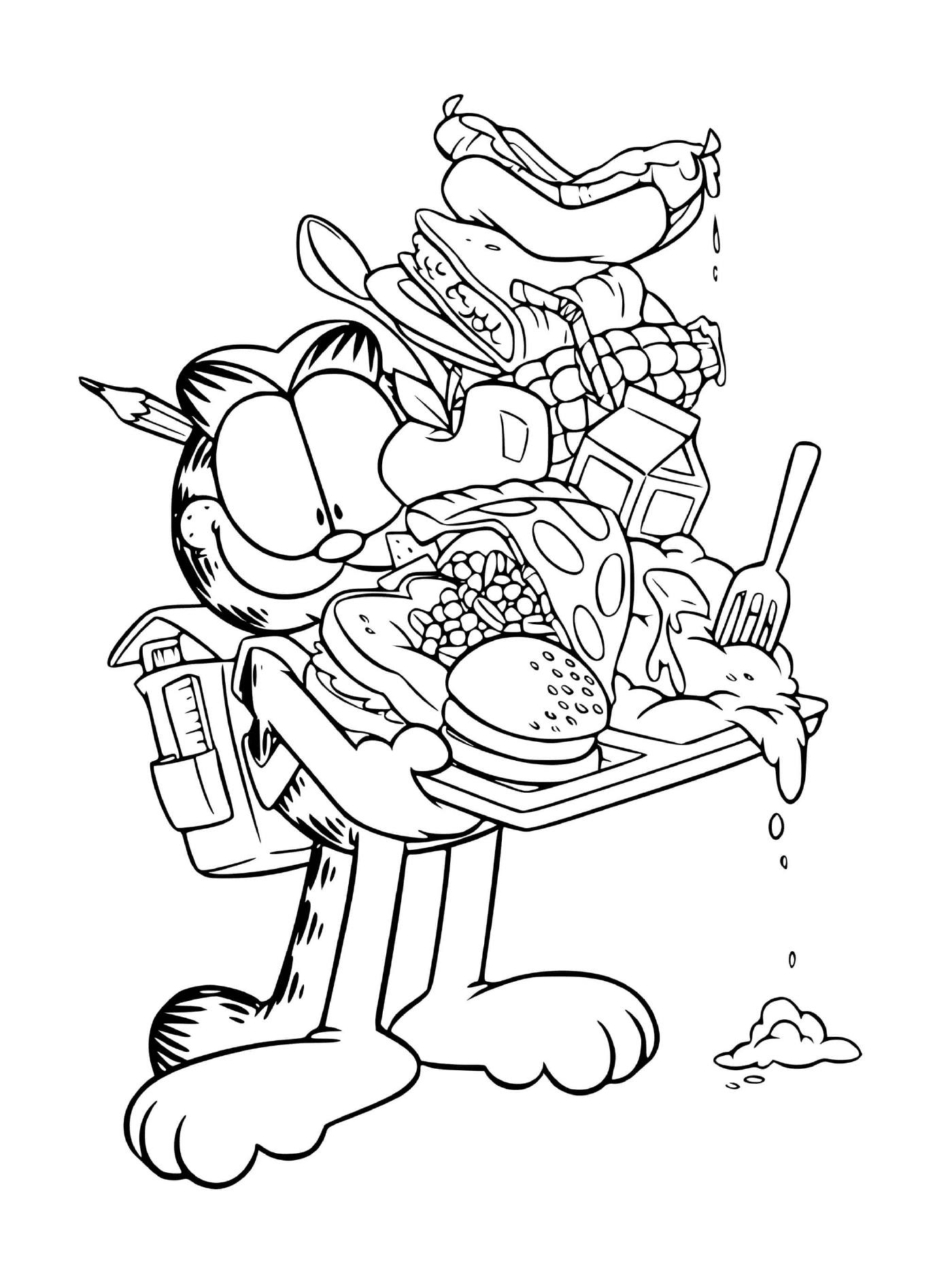  Garfield sai da cafeteria com uma bandeja 