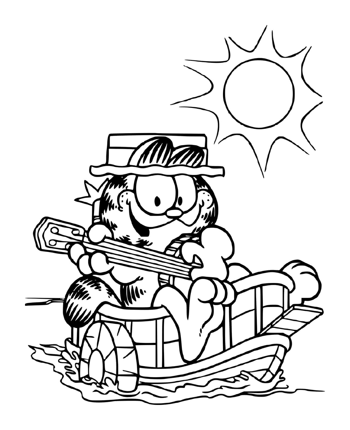  Garfield toca guitarra em seu barco 