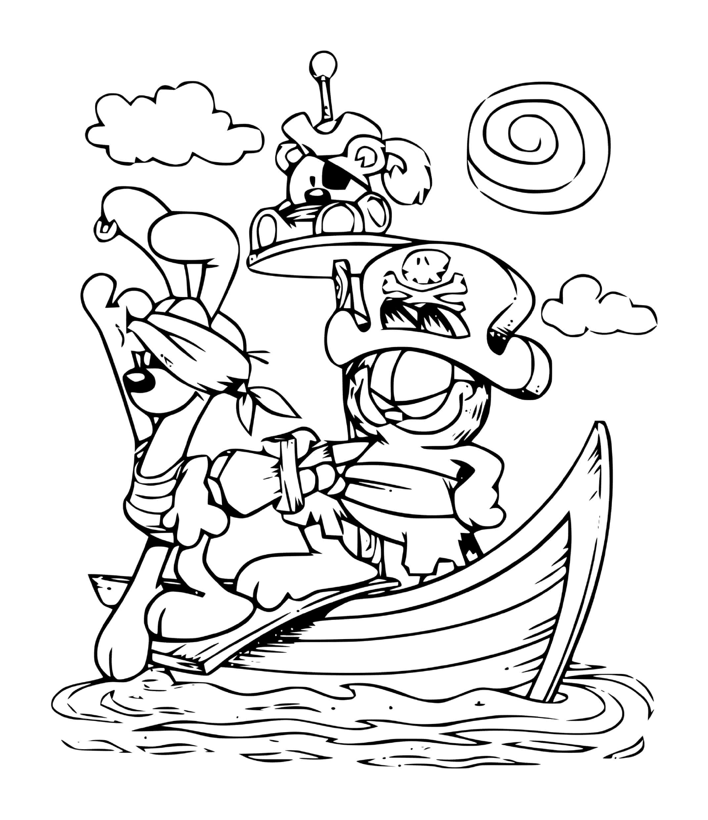  Garfield o pirata em um barco no mar 