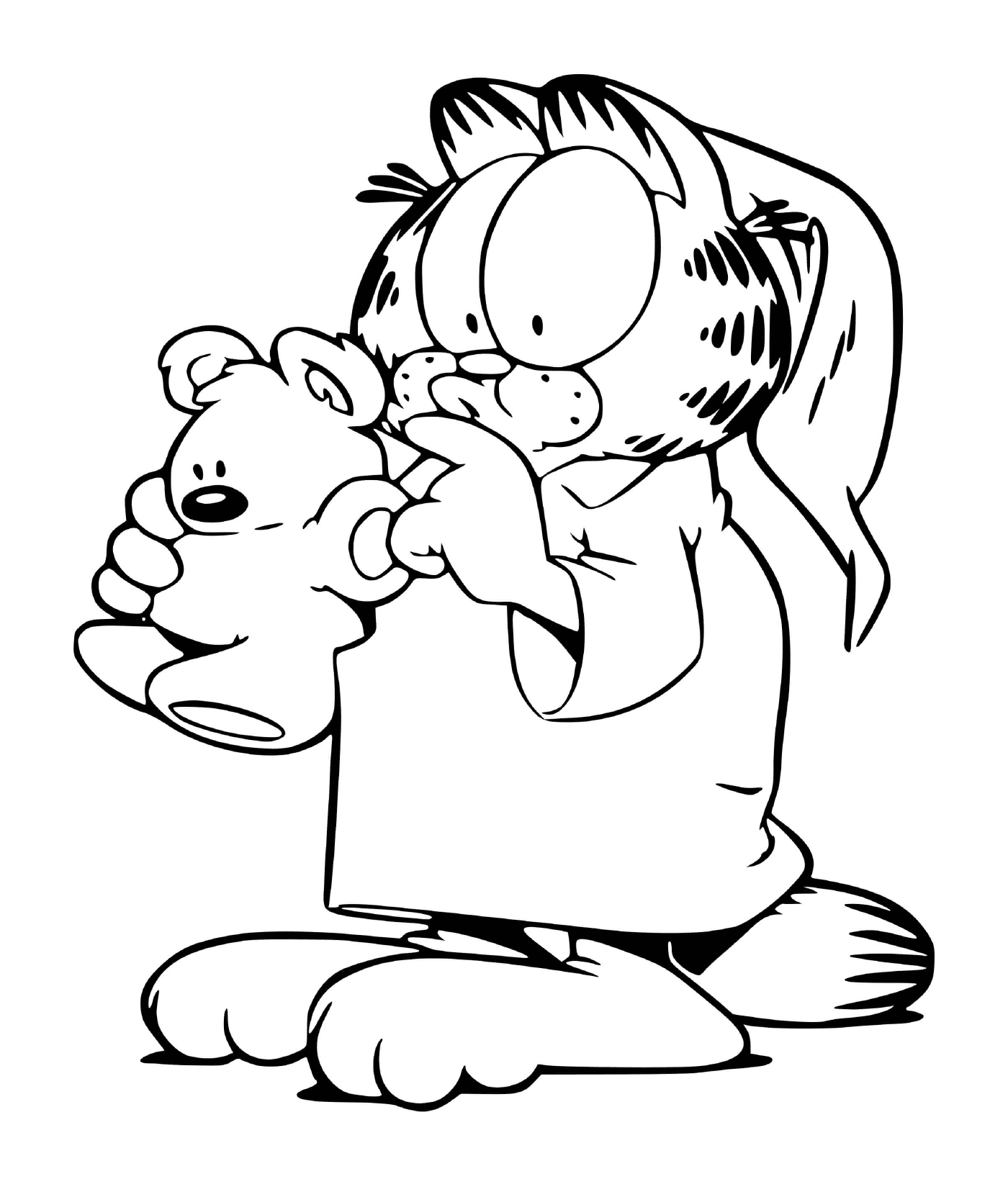  Garfield em pijamas com seu ursinho de pelú 