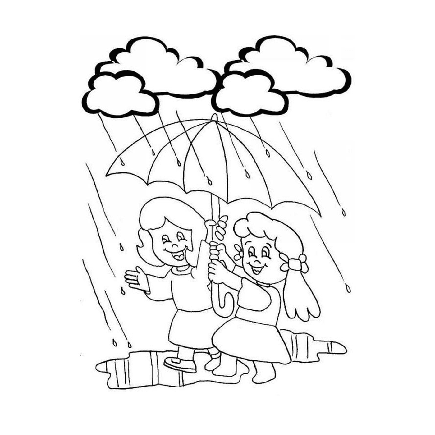  Duas meninas sob um guarda-chuva na chuva 