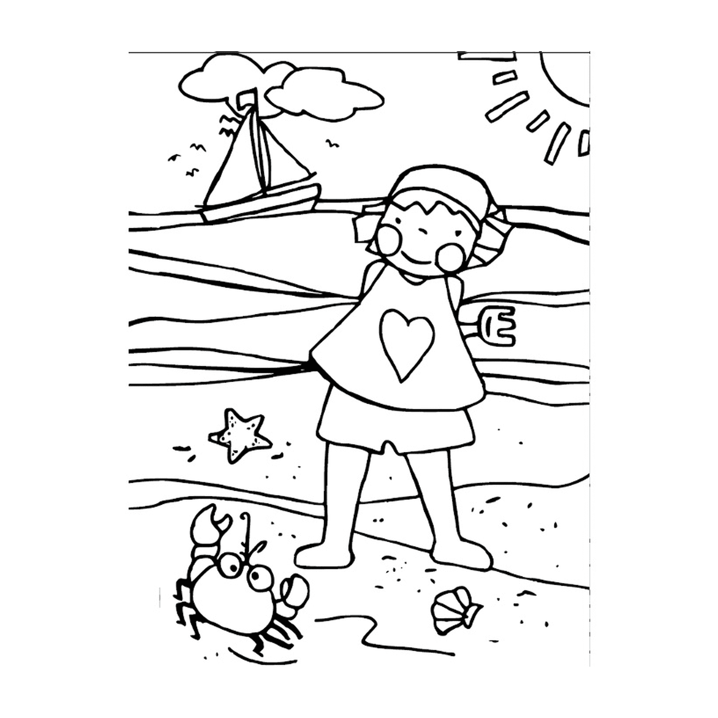  Uma criança de pé na praia com um caranguejo 
