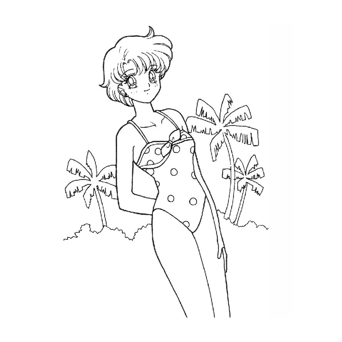  Uma mulher em um maiô em pé na frente de palmeiras 