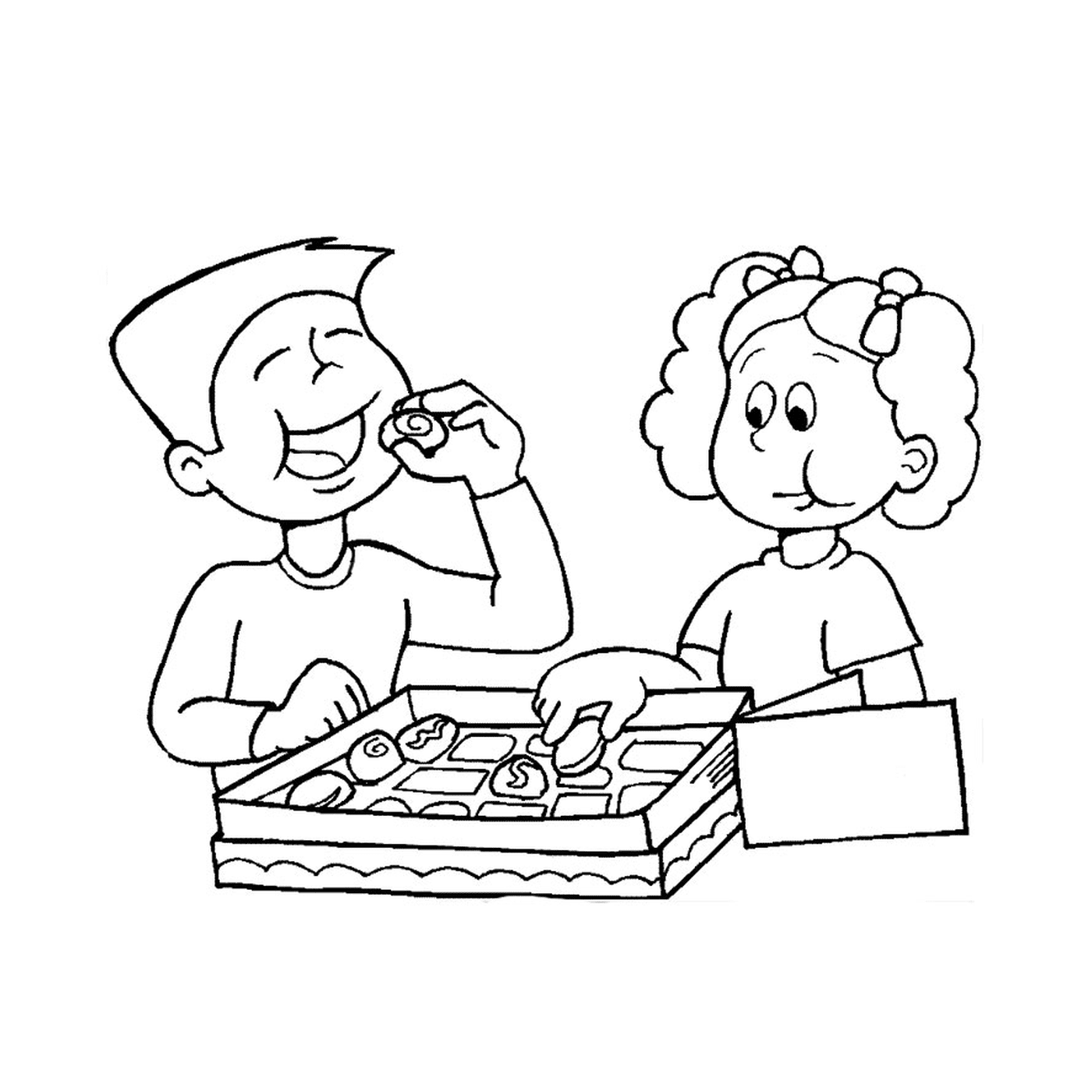  Um menino e uma menina comendo donuts 