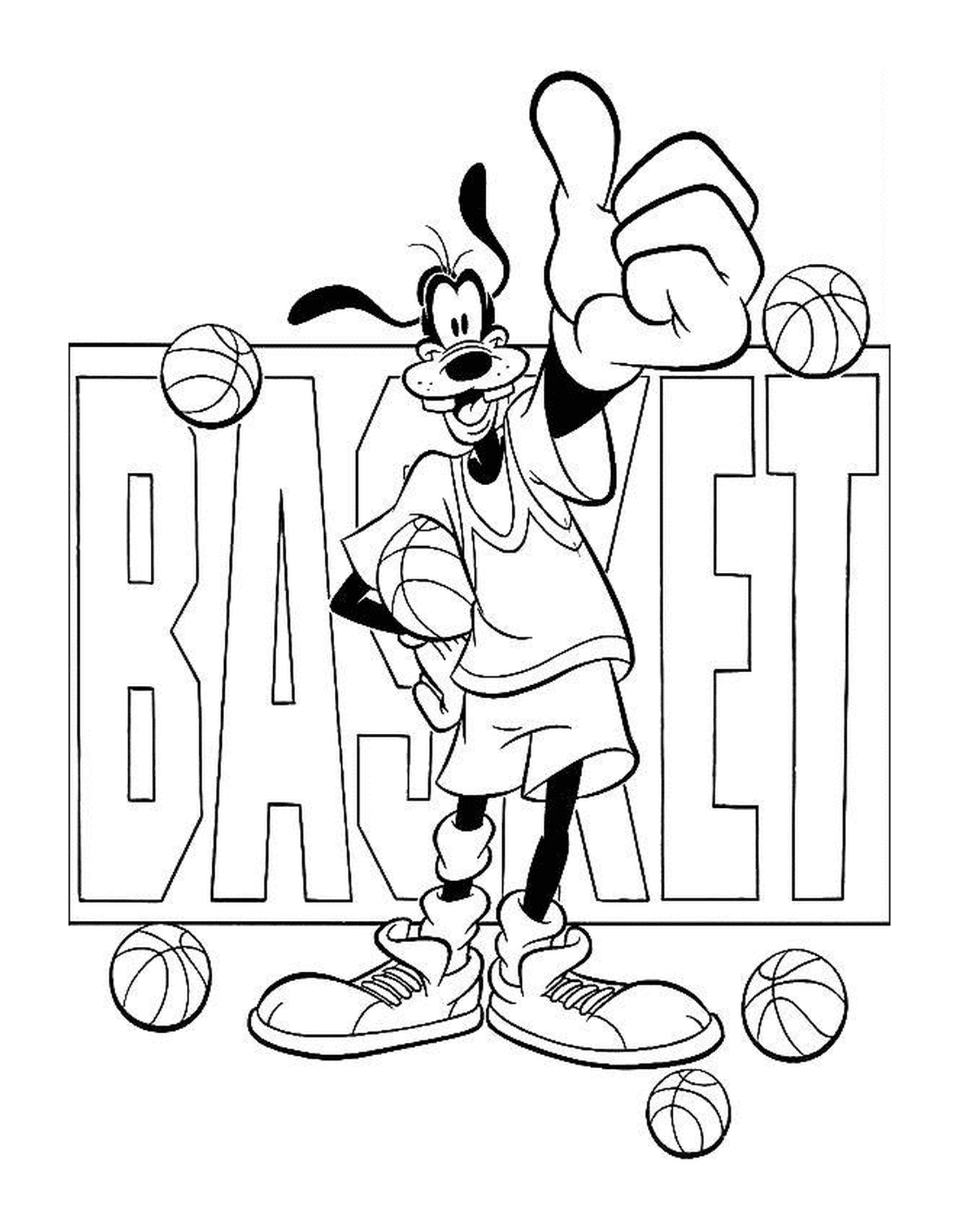  Dingo gosta de basquete e segura uma bola na frente da cesta de palavras 