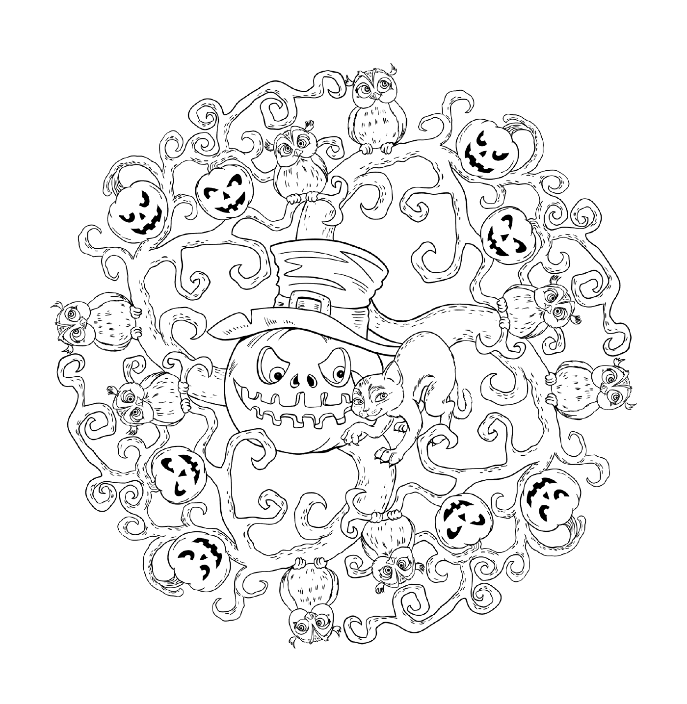  Mandala de Halloween com abóboras, corujas e gatos 