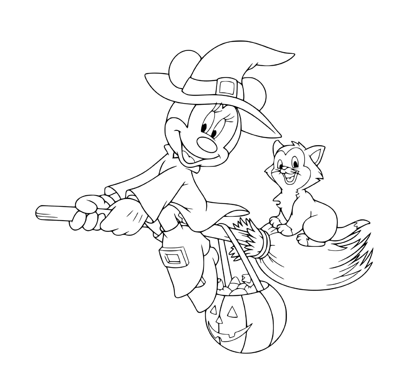  Minnie Mouse voando bruxa com gato e abóbora Halloween 