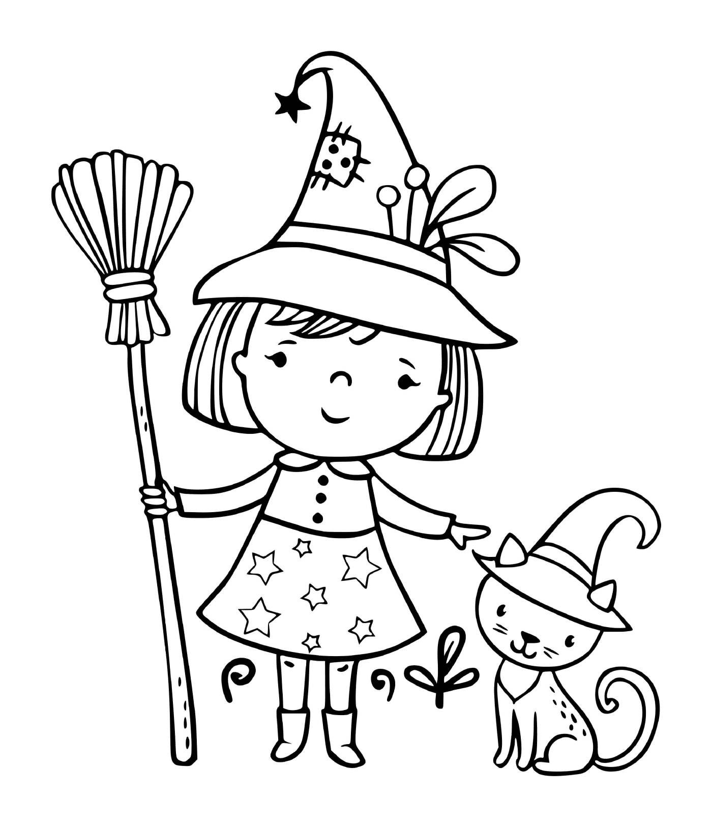  Pequena bruxa com seu gato preto 