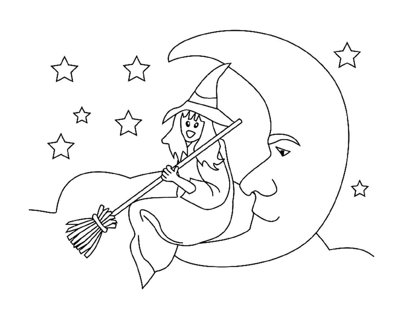  坐在月亮上的女巫 看着星星 