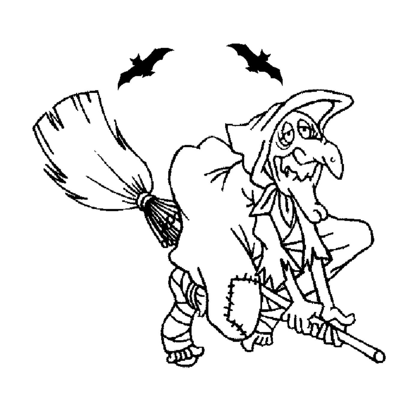  velha bruxa em uma vassoura voadora com dois morcegos 