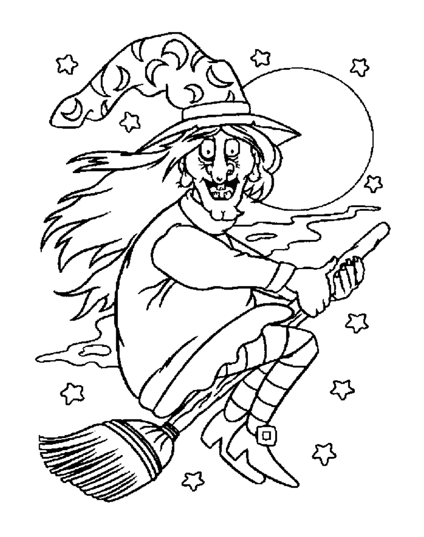 女巫在星夜中在扫帚上飞翔 