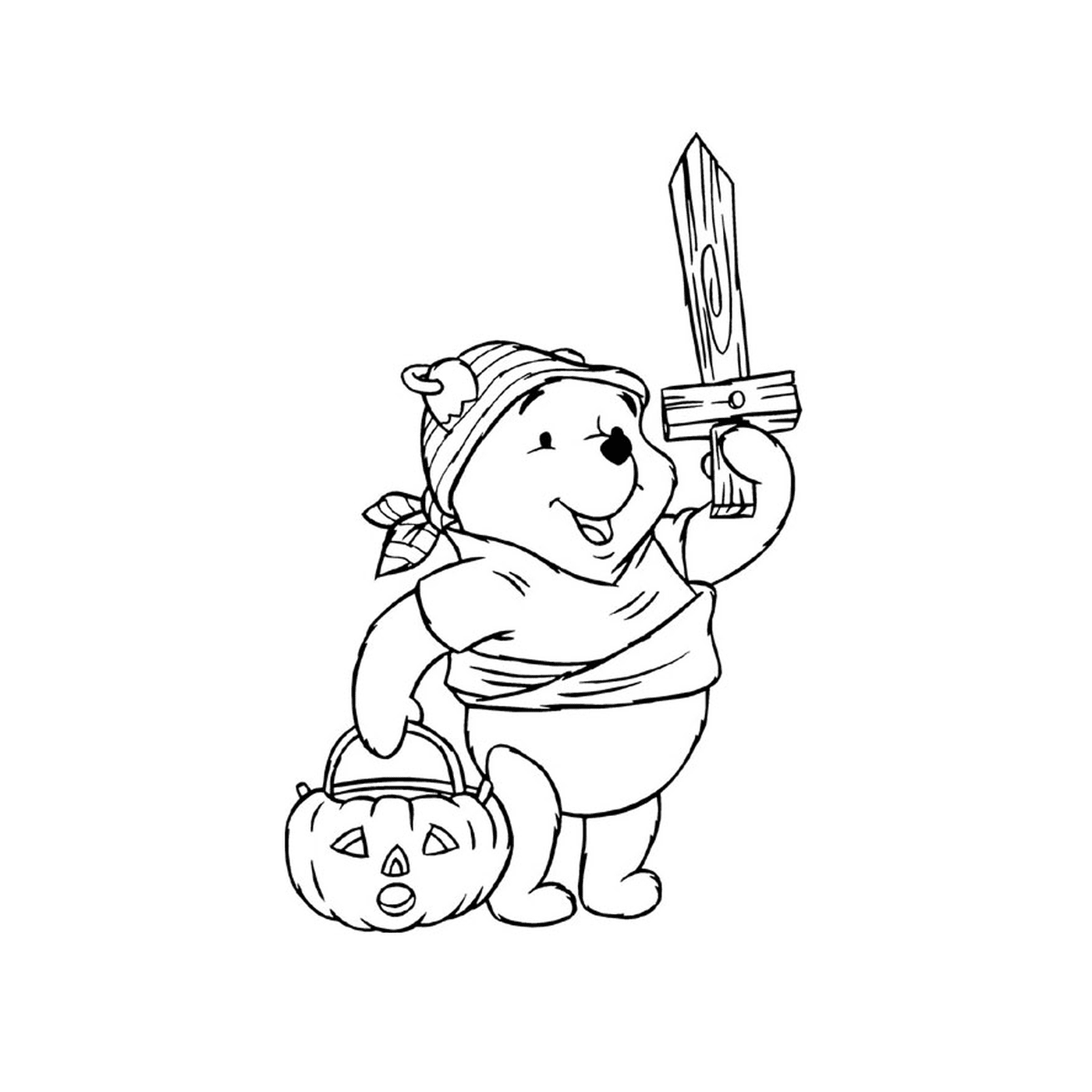  Urso Winnie com espada e abóbora 