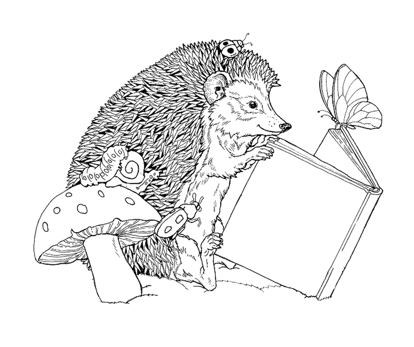  Hedgehog lendo um livro ao lado de um cogumelo 