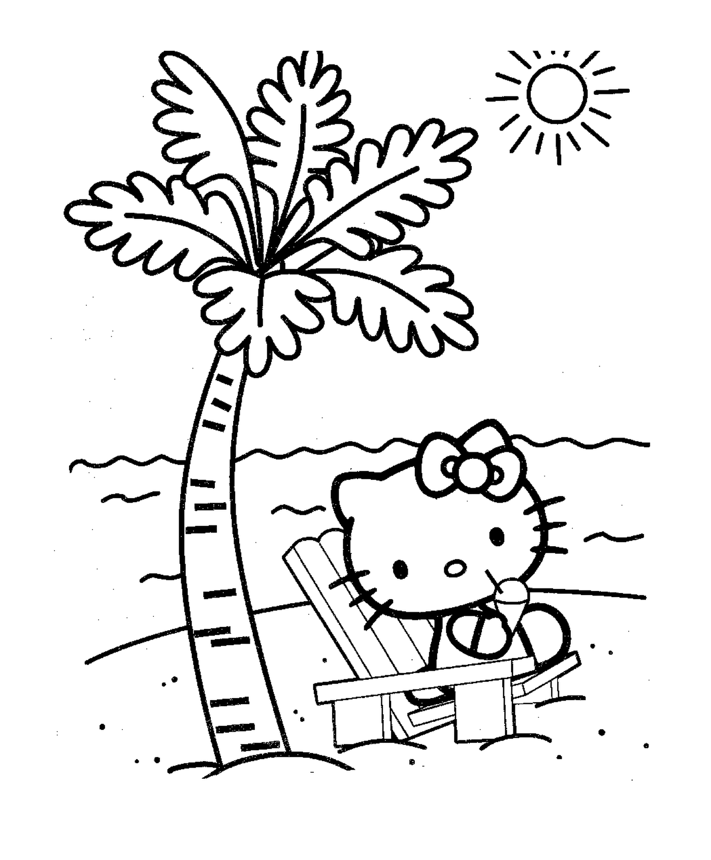  Hello Kitty sentado em uma cadeira de praia 