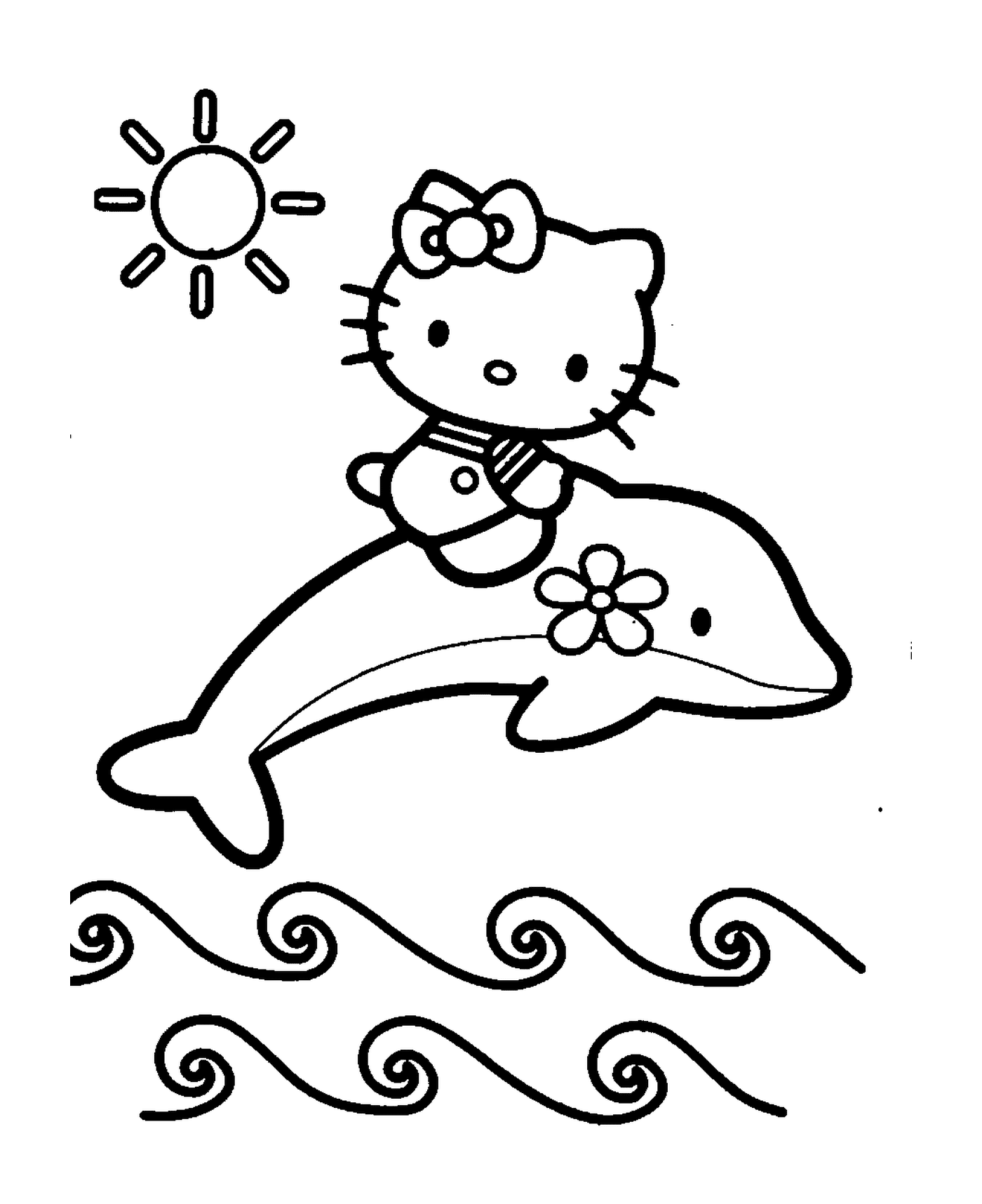  Hello Kitty montando um golfinho na água 