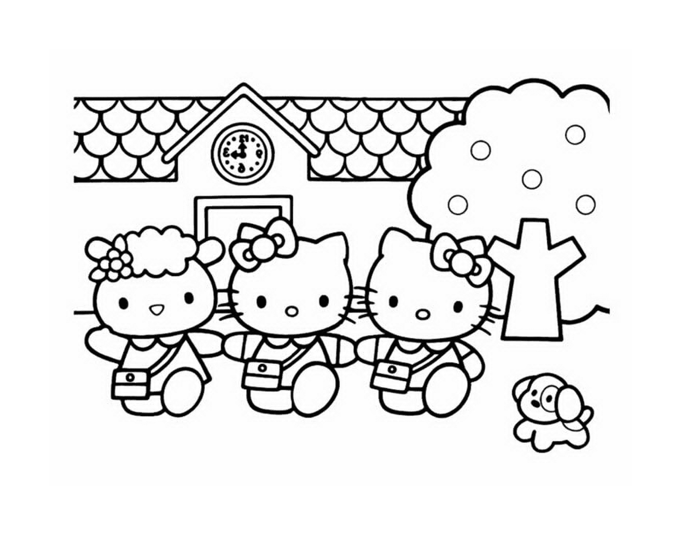  Um grupo de Hello Kitty na frente de uma casa 