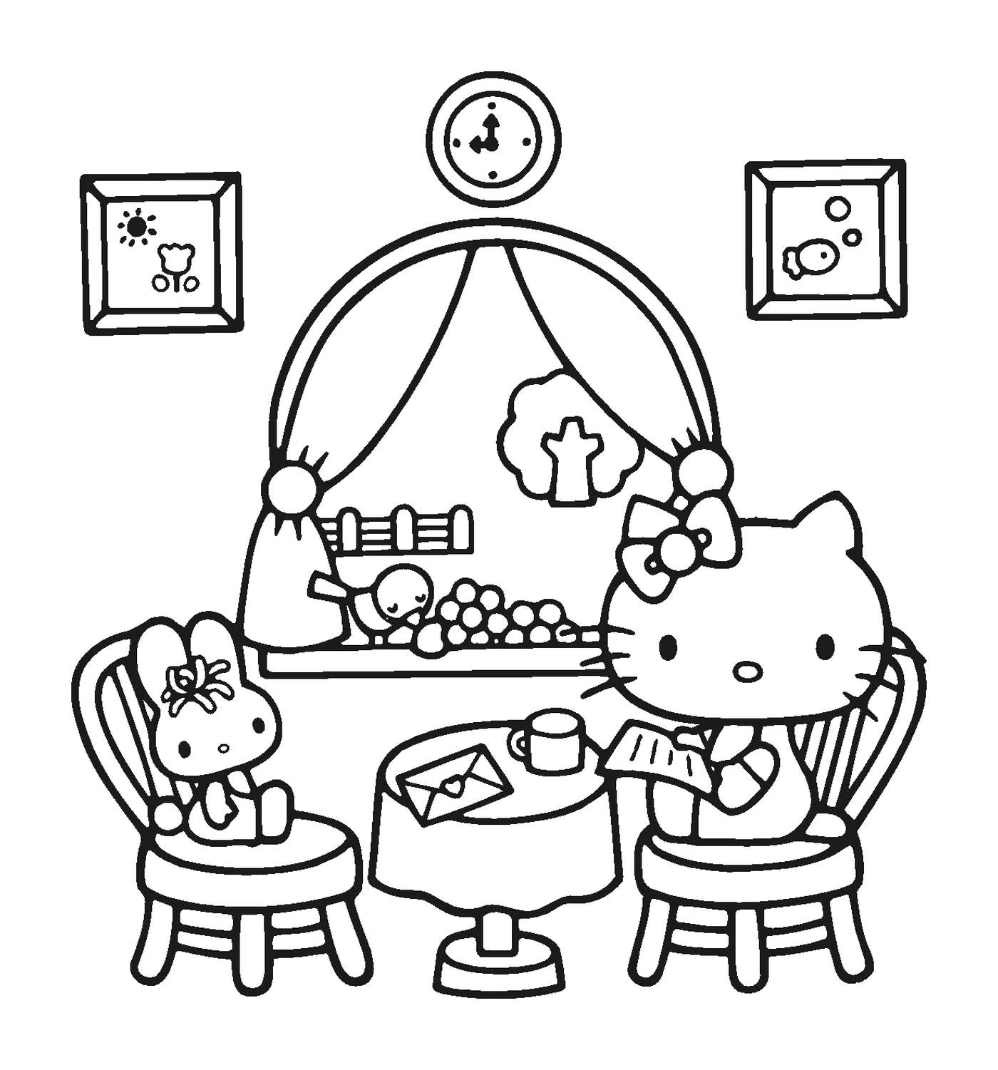  Hello Kitty sentada na frente de uma mesa 