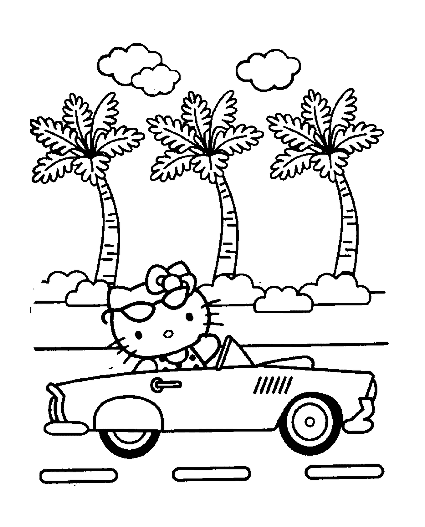  Hello Kitty dirigindo um carro na frente de palmeiras 