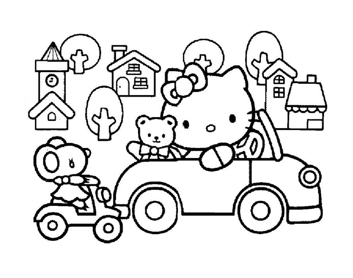  Hello Kitty dirigindo um carro com um ursinho de pelú 