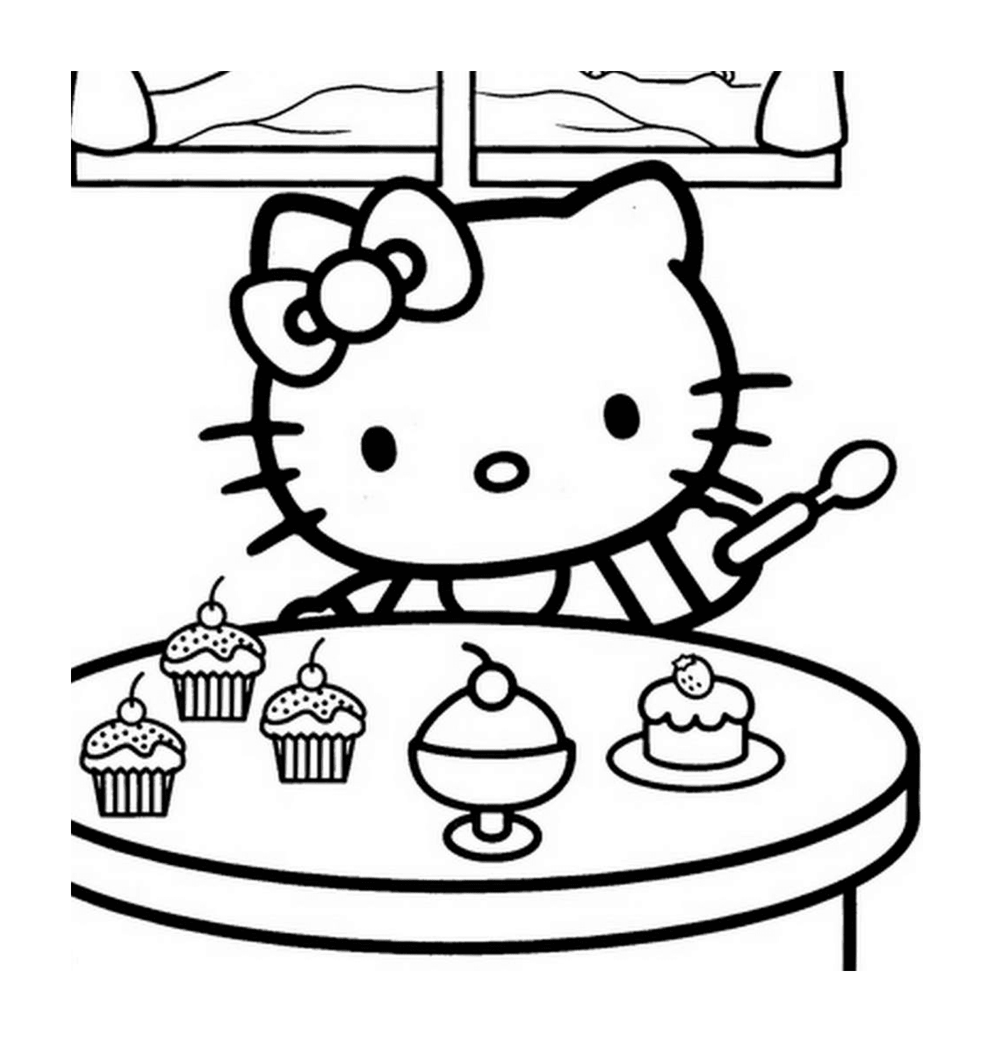  Hello Kitty sentada na frente de uma mesa cheia de cupcakes 