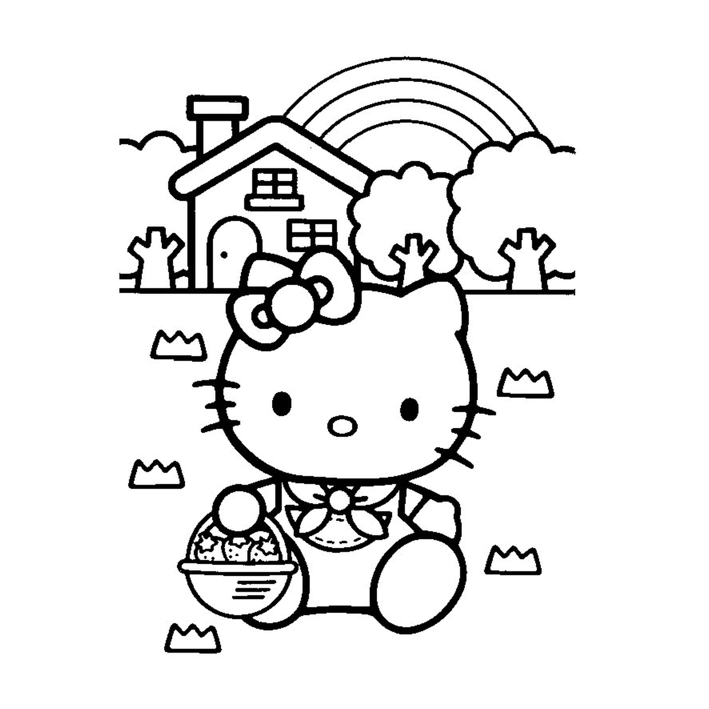  Hello Kitty sentada na frente de uma casa 