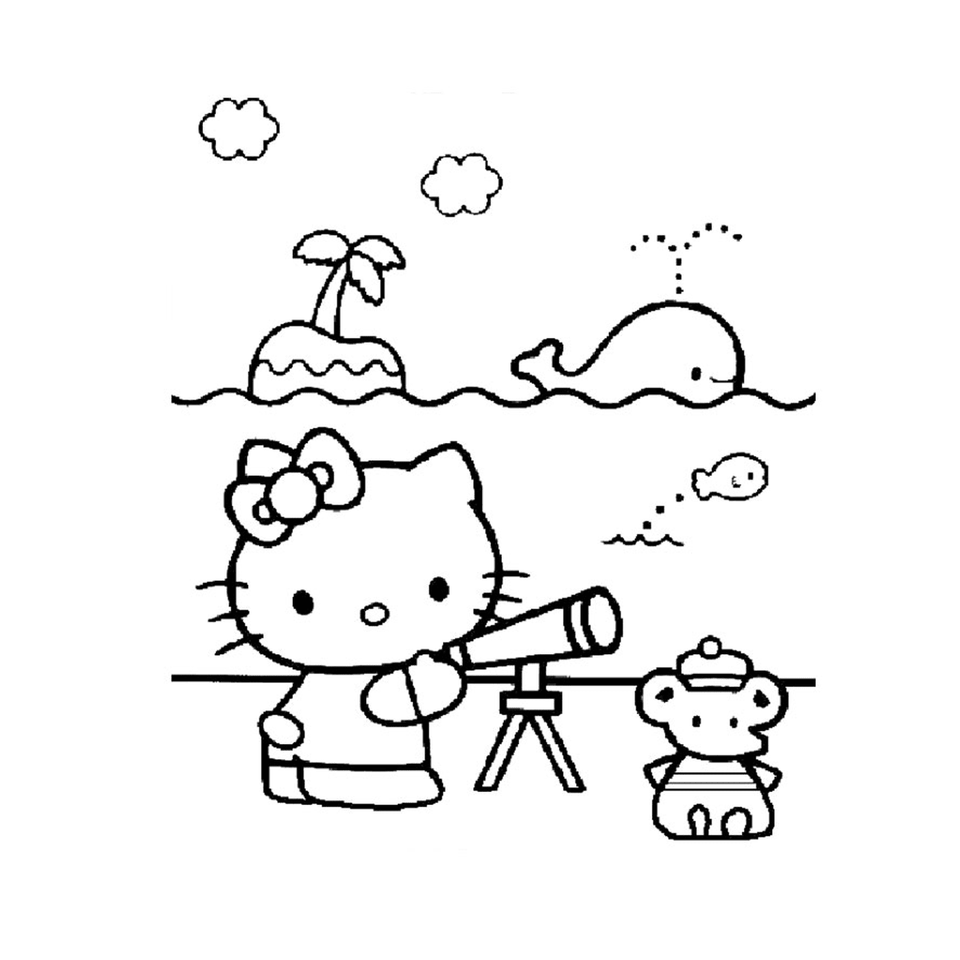  Hello Kitty olhando através de um telescópio para um ursinho de pelú 