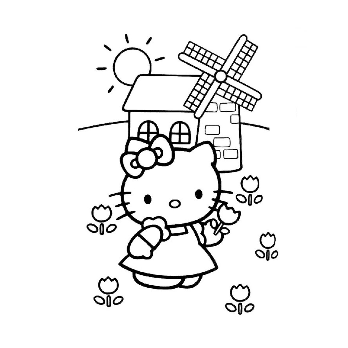  Hello Kitty com um moinho de vento no fundo 